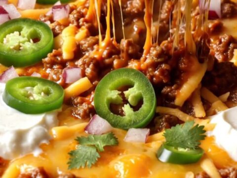 Cast iron skillet filled with loaded chili con carne dip, topped with melted cheddar, sour cream, and cilantro