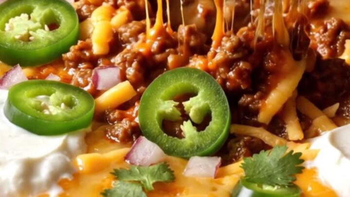 Cast iron skillet filled with loaded chili con carne dip, topped with melted cheddar, sour cream, and cilantro