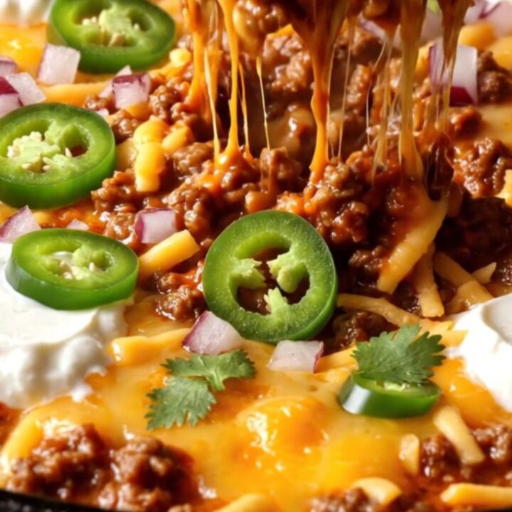 Cast iron skillet filled with loaded chili con carne dip, topped with melted cheddar, sour cream, and cilantro