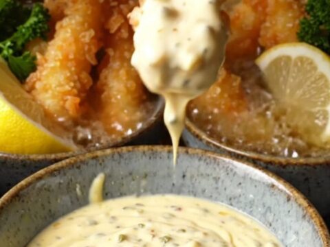 Crispy panko-crusted calamari steak strips piled on a plate with a bowl of lemon caper aioli for dipping.