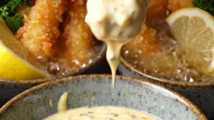 Crispy panko-crusted calamari steak strips piled on a plate with a bowl of lemon caper aioli for dipping.