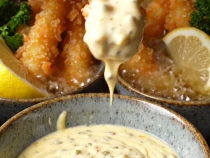 Crispy panko-crusted calamari steak strips piled on a plate with a bowl of lemon caper aioli for dipping.
