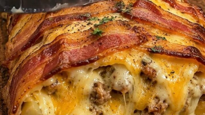 A close-up of a bacon-wrapped meatloaf sliced to show a molten cheddar cheese center.
