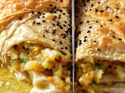Golden crispy Turkish potato borek in a copper tray, cut into squares