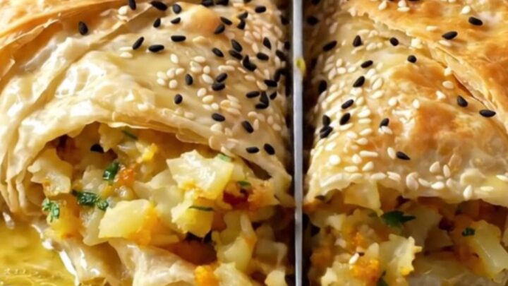 Golden crispy Turkish potato borek in a copper tray, cut into squares