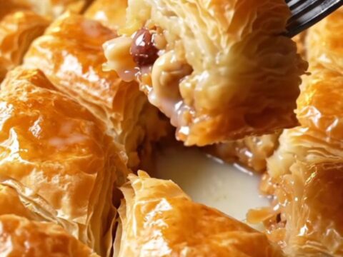 Golden diamond-cut baklava pieces in a baking pan, drizzled with milk syrup and topped with crushed hazelnuts.
