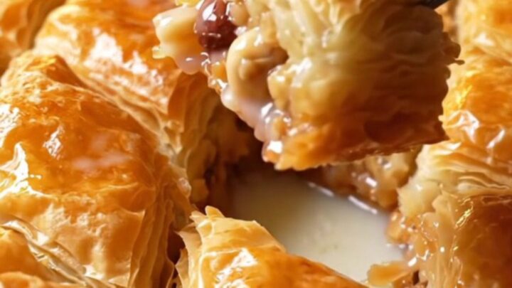 Golden diamond-cut baklava pieces in a baking pan, drizzled with milk syrup and topped with crushed hazelnuts.