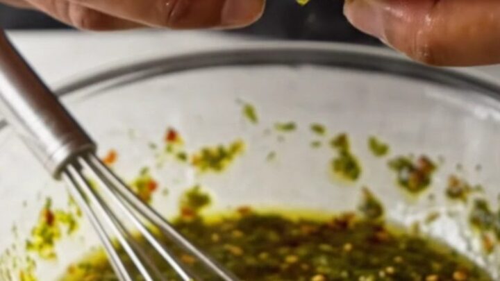 Golden crispy smashed potatoes with green chimichurri sauce on a white plate