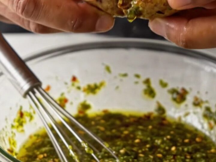 Golden crispy smashed potatoes with green chimichurri sauce on a white plate