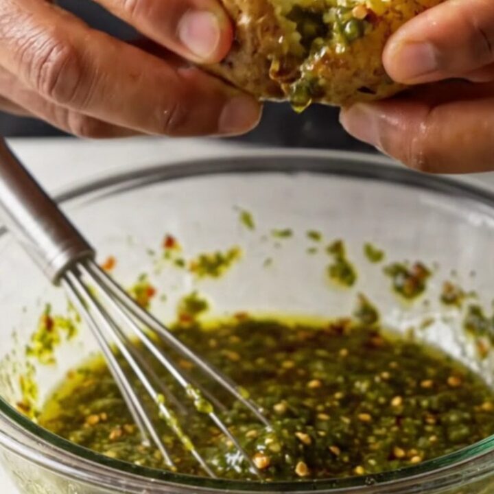 Golden crispy smashed potatoes with green chimichurri sauce on a white plate