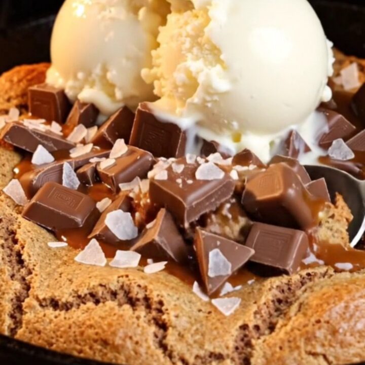 Warm skillet pizookie with gooey chocolate and a scoop of vanilla ice cream melting on top