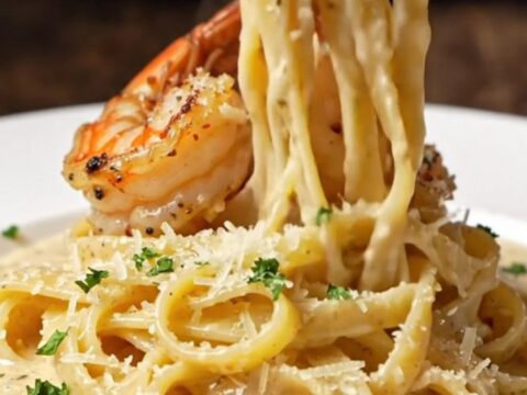 Creamy fettuccine Alfredo topped with blackened shrimp and parsley