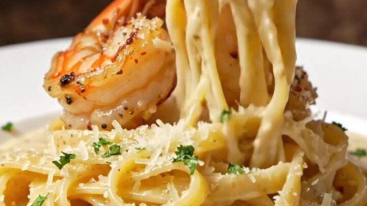 Creamy fettuccine Alfredo topped with blackened shrimp and parsley
