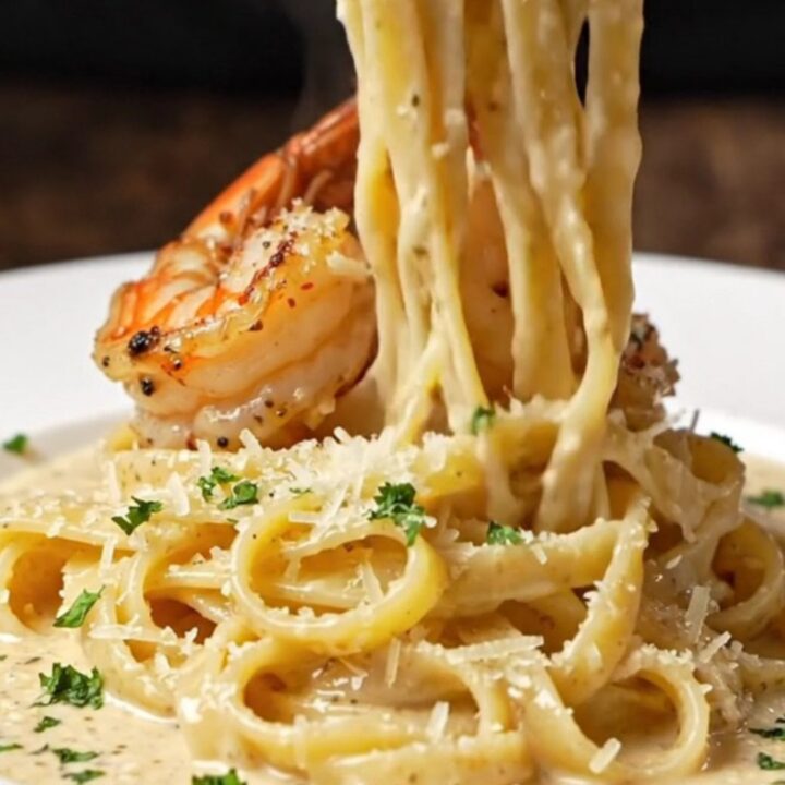 Creamy fettuccine Alfredo topped with blackened shrimp and parsley