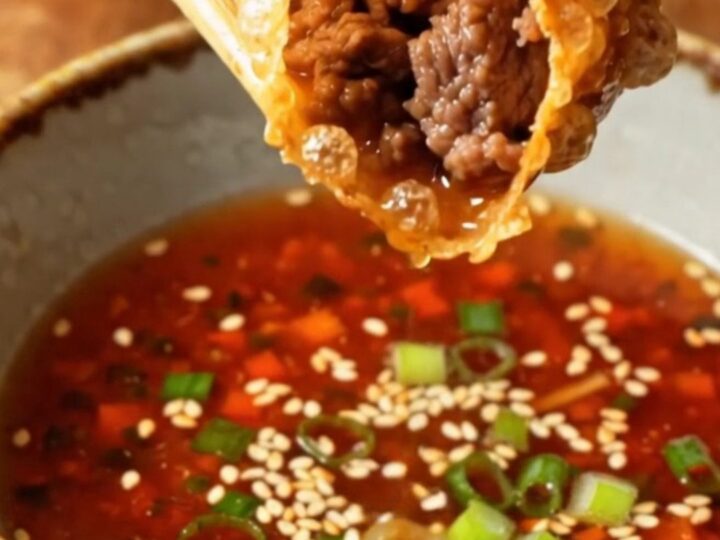 Golden, blistered rice paper dumplings piled on a plate with a small bowl of spicy soy dip.
