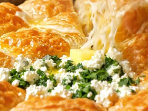 Golden, layered Turkish water borek on a tray, with visible thin sheets and melted cheese