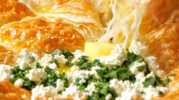 Golden, layered Turkish water borek on a tray, with visible thin sheets and melted cheese