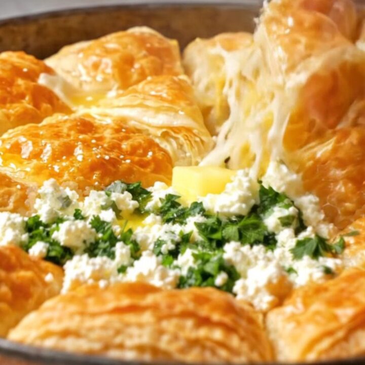 Golden, layered Turkish water borek on a tray, with visible thin sheets and melted cheese