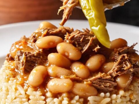 A clay pot of Turkish white beans and beef stew, thick with tomato-pepper gravy, being ladled over rice pilaf.