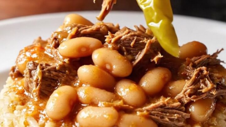 A clay pot of Turkish white beans and beef stew, thick with tomato-pepper gravy, being ladled over rice pilaf.