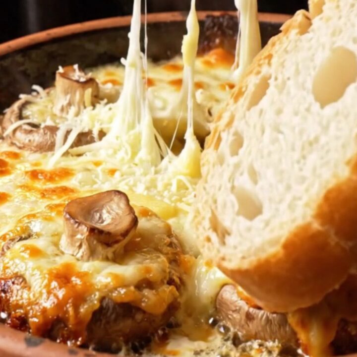 Baked mushroom caps topped with melted, blistered kaşar cheese in a clay dish