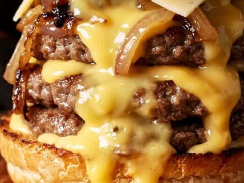 Double smash burger with caramelized onions and melted Gruyère on toasted brioche, with aioli visible