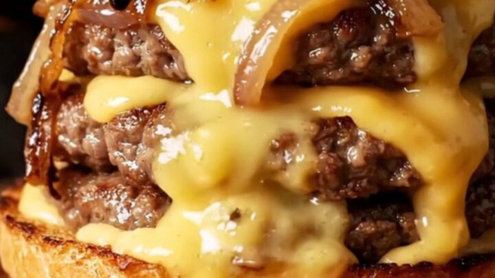 Double smash burger with caramelized onions and melted Gruyère on toasted brioche, with aioli visible