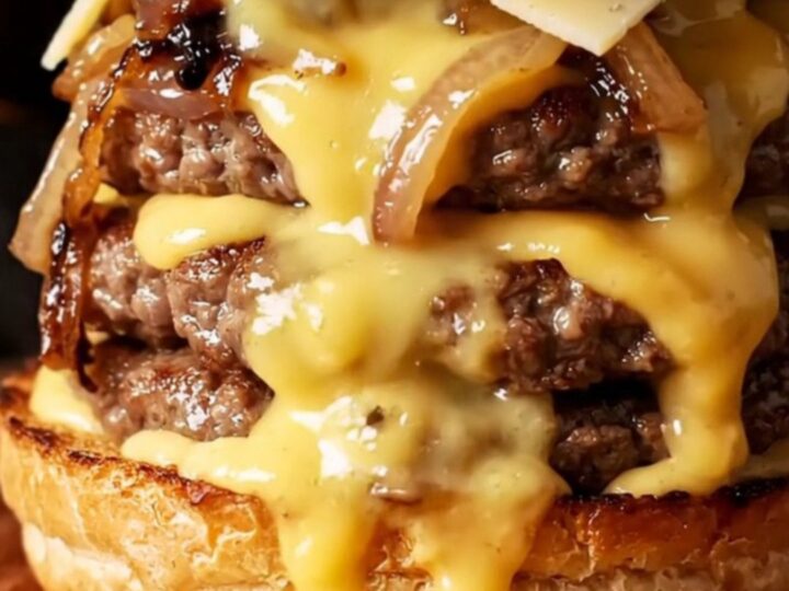 Double smash burger with caramelized onions and melted Gruyère on toasted brioche, with aioli visible