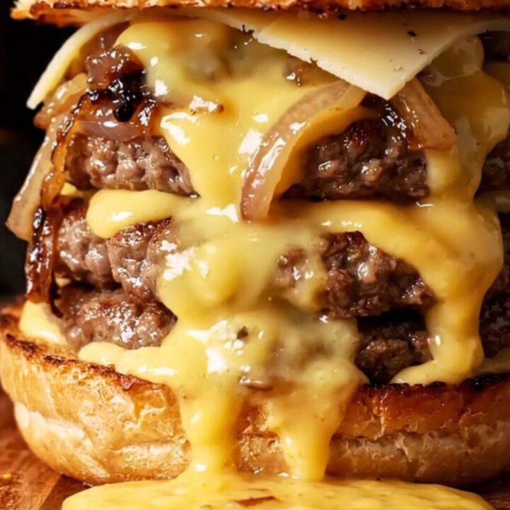 Double smash burger with caramelized onions and melted Gruyère on toasted brioche, with aioli visible