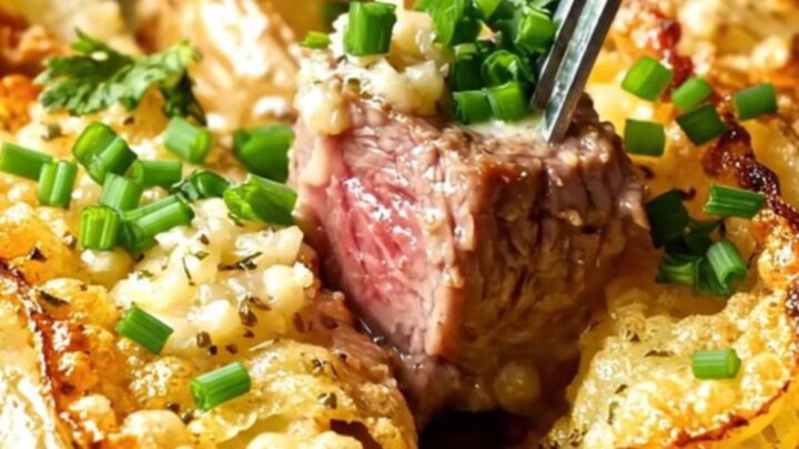 Seared garlic butter steak cubes and crispy accordion potatoes in a cast iron skillet