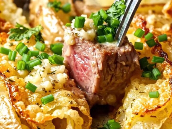 Seared garlic butter steak cubes and crispy accordion potatoes in a cast iron skillet
