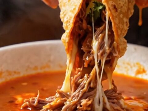 A crispy birria quesataco dipped into a bowl of rich consommé, with melted cheese and beef visible.