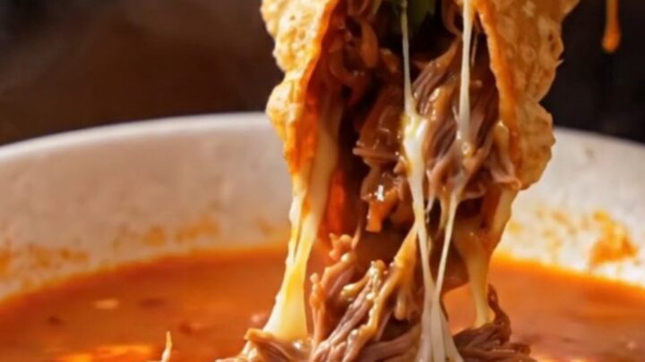 A crispy birria quesataco dipped into a bowl of rich consommé, with melted cheese and beef visible.