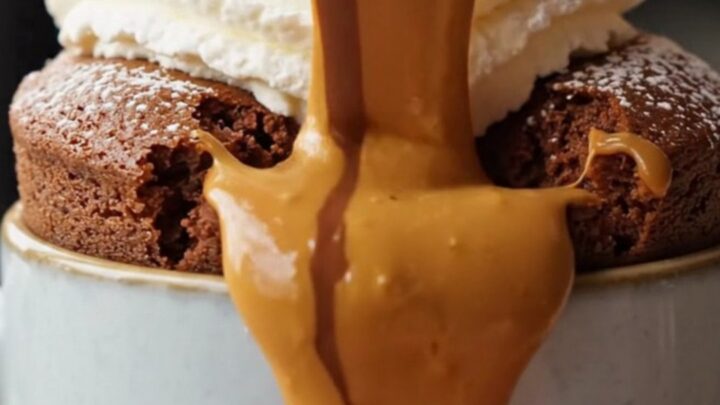 Molten chocolate peanut butter lava mug cake with powdered sugar and whipped cream