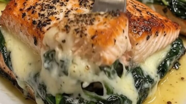Three golden, pan-seared stuffed salmon fillets resting on a white platter with buttery juices.