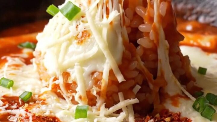 Skillet of Korean cheesy fire tteokbokki with melted mozzarella and scallions