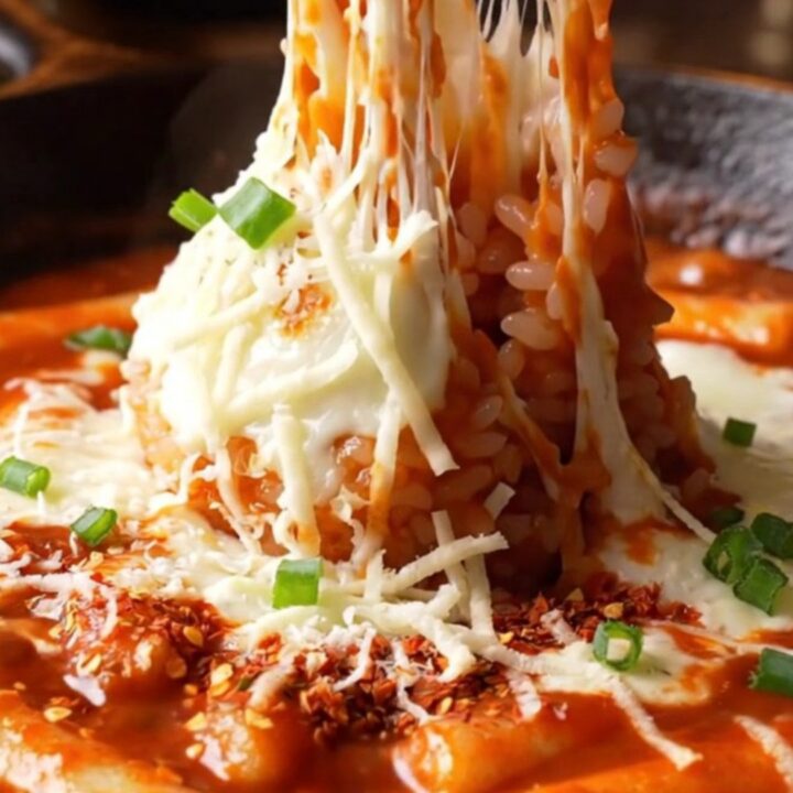 Skillet of Korean cheesy fire tteokbokki with melted mozzarella and scallions