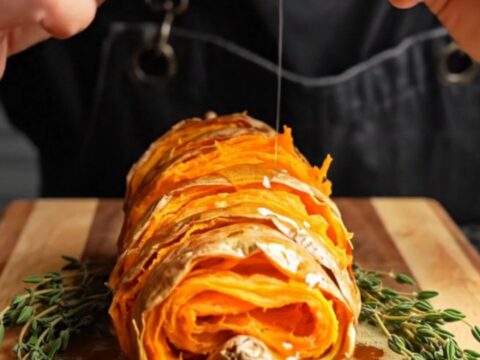 Accordion sweet potato with crispy edges and hot honey butter drizzle