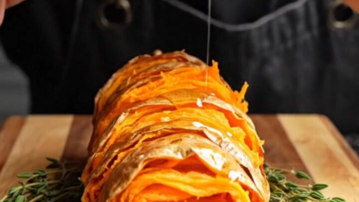 Accordion sweet potato with crispy edges and hot honey butter drizzle
