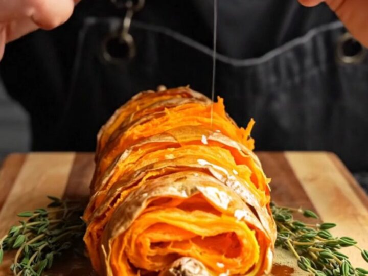 Accordion sweet potato with crispy edges and hot honey butter drizzle