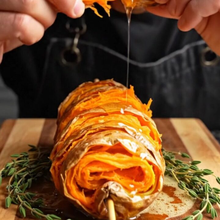 Accordion sweet potato with crispy edges and hot honey butter drizzle