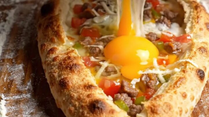 Golden boat-shaped pide with melted cheese and a runny egg yolk, brushed with butter