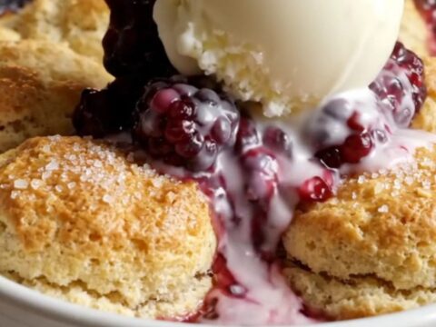 Skillet cobbler with golden biscuits and bubbling berry filling