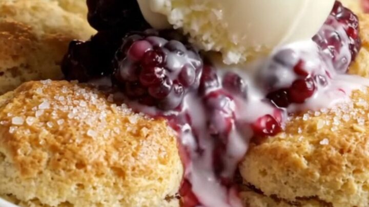 Skillet cobbler with golden biscuits and bubbling berry filling