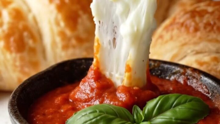 Golden pull-apart crescent ring with melted cheese stretch on a baking sheet
