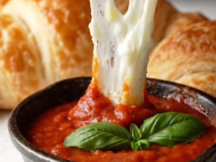 Golden pull-apart crescent ring with melted cheese stretch on a baking sheet