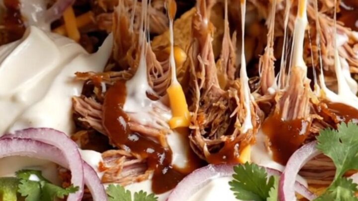 Loaded skillet pulled pork nachos with melted cheese and jalapeños