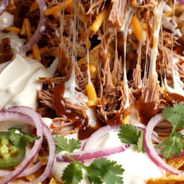 Loaded skillet pulled pork nachos with melted cheese and jalapeños