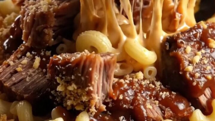 Bubbling cast iron skillet with smoked brisket mac and cheese, topped with golden panko and barbecue drizzle