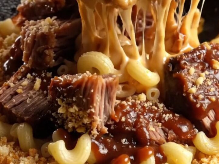Bubbling cast iron skillet with smoked brisket mac and cheese, topped with golden panko and barbecue drizzle